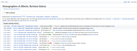 Screenshot 05: Revision history for Wikipedia page “Demographics of Alberta”. Screenshot taken April 3, 2021 at 08:27