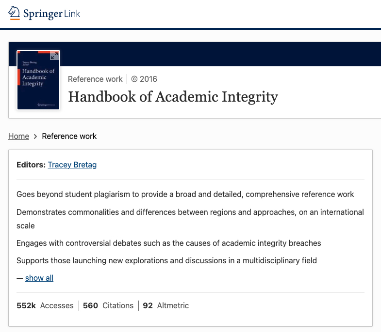 Screenshot of the website for the first edition of the Handbook of Academic Integrity living edition