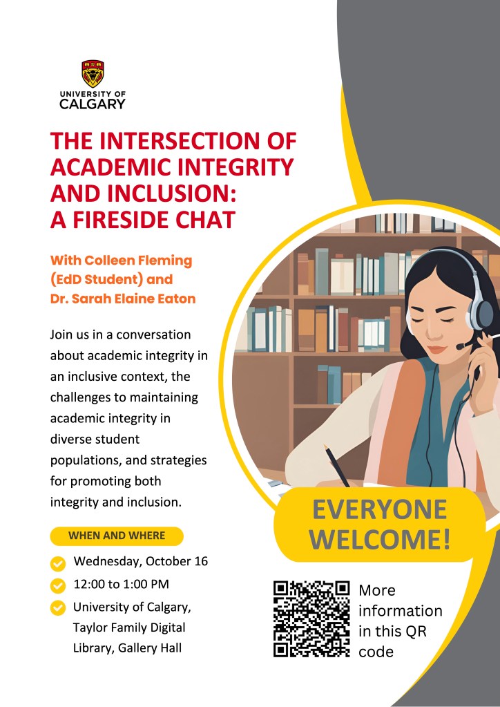 A poster with text in black, red, and orange. The University of Calgary logo appears at the top. On the right-hand side there is art featuring a woman wearing a headset.