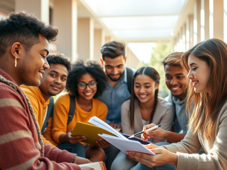 An AI-generated image of A group of students is sitting together in a hallway, engaged in a study session. They are holding notebooks and textbooks, discussing and sharing information. The background shows a bright corridor with natural light coming through large windows.