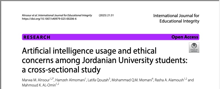 Screenshot of the title page of a research article published in the International Journal for Educational Integrity. The article is titled “Artificial intelligence usage and ethical concerns among Jordanian University students: a cross-sectional study.” It is marked as “Research” and “Open Access” with a purple header. Authors listed are Marwa M. Alnsour, Hamzeh Almomani, Latifa Qouzah, Mohammad Q.M. Momani, Rasha A. Alamoush, and Mahmoud K. Al-Omiri. The DOI link and journal details appear at the top.