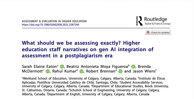 Screenshot of an academic journal article header from Assessment & Evaluation in Higher Education, published by Routledge. The article title reads: “What should we be assessing exactly? Higher education staff narratives on gen AI integration of assessment in a postplagiarism era.” Authors listed are Sarah Elaine Eaton, Beatriz Antonieta Moya Figueroa, Brenda McDermott, Rahul Kumar, Robert Brennan, and Jason Wiens, with institutional affiliations including University of Calgary, Pontificia Universidad Católica de Chile, Brock University, and others. The DOI link is visible at the top: https://doi.org/10.1080/02602938.2025.2587246.